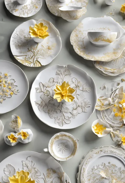 There is a bone china plate，Daffodil lace flower，Bone china plate design artwork，Modern artwork，top views，Best results，artwork of a，best qualtiy,8K,3D，Color decoration，top Quority，the detail，The edges are patterned，Add details