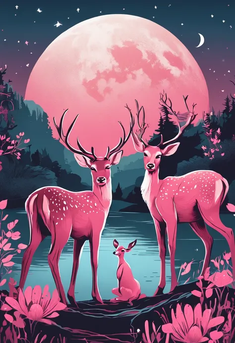 There is a poster，It shows a cartoon deer and two lovers sitting on a fawn with their backs to the picture,Fawn in pink water,In front of them is a big, round moon romantic, A beautiful artwork illustration, , fairy tale style background, hand painted cart...