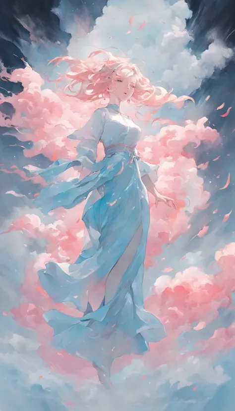 An inky white painting，The painting depicts a lady in a long light blue dress，There is a huge pink goldfish in the clouds, Made of fog, Dark white and pink, Clear face，Clear  eyes，In the style of Li Shuxing, shilin huang, Talented people, Ethereal form, gi...