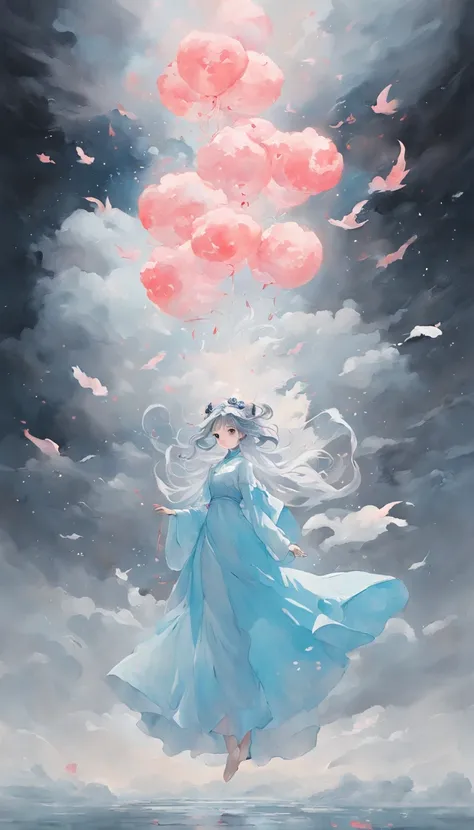 An inky white painting，The painting depicts a lady in a long light blue dress，There is a huge pink goldfish in the clouds, Made of fog, Dark white and pink, Clear face，Clear  eyes，In the style of Li Shuxing, shilin huang, Talented people, Ethereal form, gi...