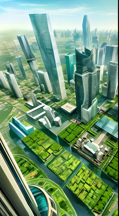 1970s scifi concept art, A sprawling cityscape where towering skyscrapers are interwoven with verdant vegetation and meandering rivers, birds flying freely among the buildings