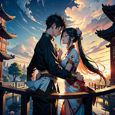 tmasterpiece，A high resolution，Complex scenes，detailed face with，CG animation，Chinese mythology and story Qixi Festival，in wonderland，bru，（Boys and girls hugging each other on the bridge），illustration，Crane，Clouds，