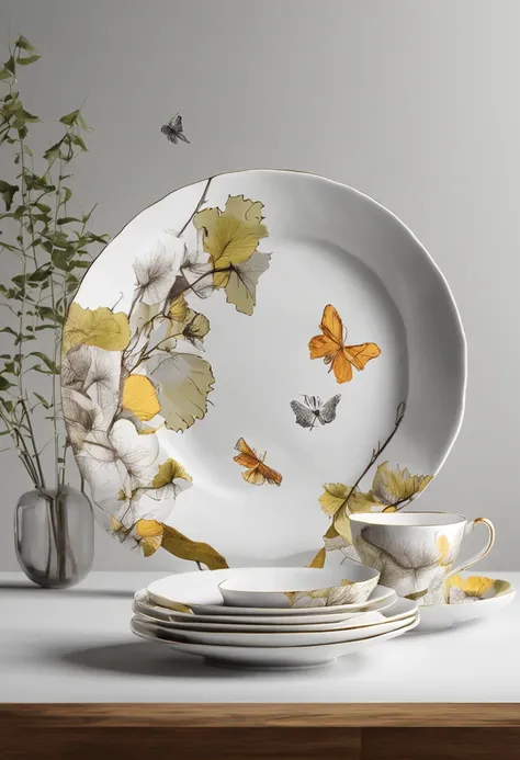 There is a bone china plate，Ginkgo biloba chart，Bone china plate design artwork，Modern artwork，top views，Best results，artwork of a，best qualtiy,8K,3D，Color decoration，top Quority，the detail，The edges are patterned，Add details