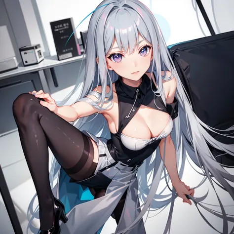 Long gray-blue hair，Pink eyes，having fun，close-up on legs，Long legs，black lence stockings，black short skirt，white short sleeve，The figure is good，In the company