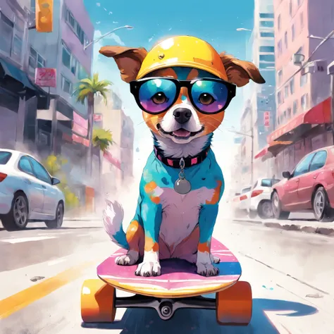 Dog wearing gradient sunglasses，On a skateboard，Bring a helmet， painted in bright water colors, animal drawing, vibrant watercolor painting, painting of cute dog， Stunning artwork, Surrealism with bright colors, plethora of colors，detail-rich, lovely digit...