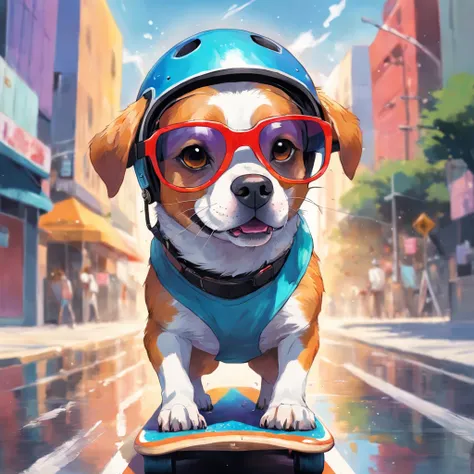 Dog wearing gradient sunglasses，On a skateboard，Bring a helmet， painted in bright water colors, animal drawing, vibrant watercolor painting, painting of cute dog， Stunning artwork, Surrealism with bright colors, plethora of colors，detail-rich, lovely digit...