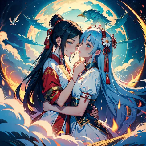 tmasterpiece，A high resolution，Complex scenes，detailed face with，CG animation，Chinese mythology and story Qixi Festival，in wonderland，bru，（Boys and girls hugging each other on the bridge），illustration，Crane，Clouds，