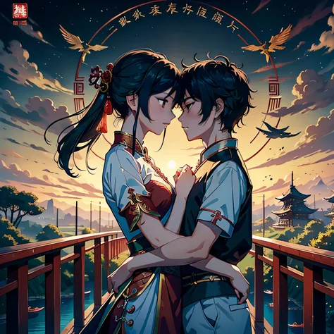 tmasterpiece，A high resolution，Complex scenes，detailed face with，CG animation，Chinese mythology and story Qixi Festival，in wonderland，bru，（Boys and girls hugging each other on the bridge），illustration，Crane，Clouds，