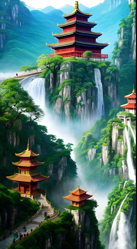 2. Mountain view with waterfall and pagoda in the middle, painted scene by Han Gan, winner of cg society competition, fantasy art, dreamy Chinese town, Chinese landscape, Chinese fantasy, made of trees and fantasy valley, ancient city view, order Impressiv...