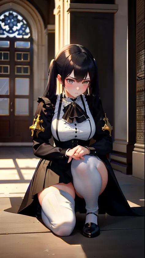 masterpiece, top-quality, Detailed details, Detailed landscapes, beatiful lights, Beautiful Shadows, 1girl in,Staying on one knee,18year old,Black eyes,Expression of shame,(Knee-length skirt,Skirt with slit),Maid appearance,White pants, detailed skin text...
