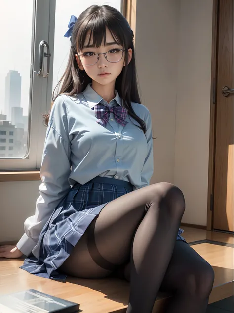 （8K、Raw photography、top-quality、​masterpiece：1.2),watching at viewers,Looking at the front,Bullish,Erotic,Pupils,Light Blue Bra,de pele branca,kne,(Black pantyhose),absurderes,a small face,small tits,flat breast,Parting the bangs from the middle、Forehead v...