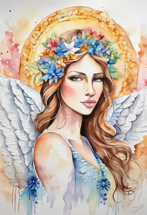 (FULL BODYSHOT:1.4),  White background, (1 Angel Girl,Glowing wings, Halo, Exquisite headdress, Smile), (paper art, Quilted Paper Art, Geometry), highly colorful