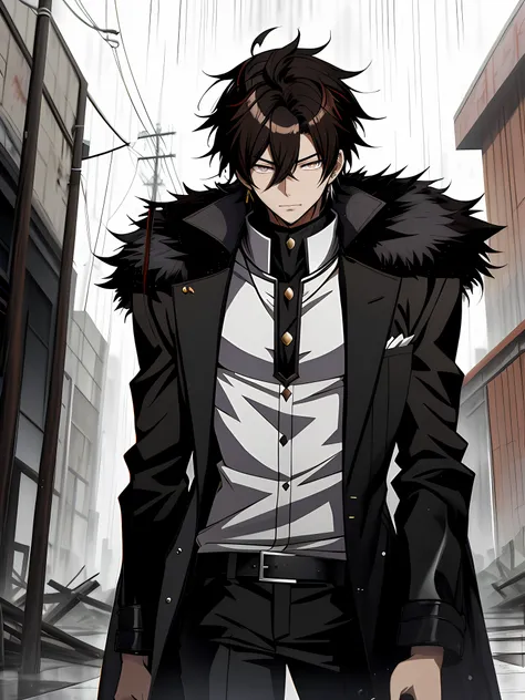 An anime man in a black fur coat stands among the ruins in the rain, brunette color hair，Black colored eyes，inspirado em Okumura Masanobu, nobutaka ike, Badass anime 8 K, Anime handsome man, Anime portrait of a handsome man, anime concept hdr anime macmanu...