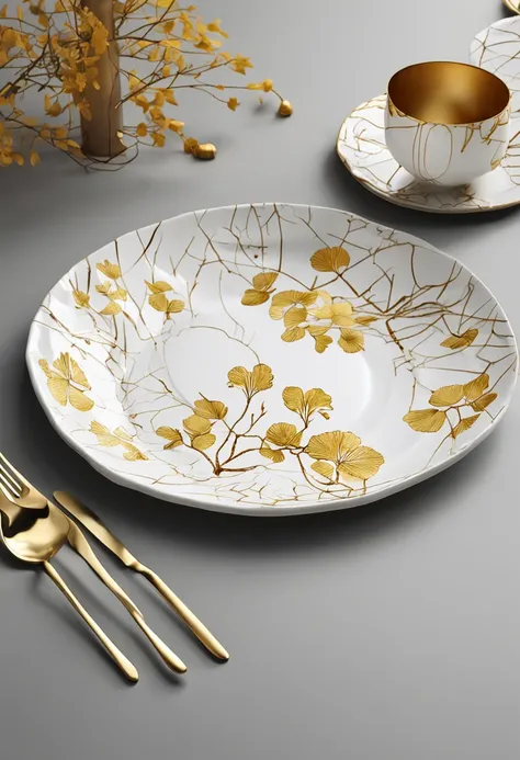 There is a bone china plate，Ginkgo biloba chart，Bone china plate design artwork，Modern artwork，top views，Best results，artwork of a，best qualtiy,8K,3D，Color decoration，top Quority，the detail，