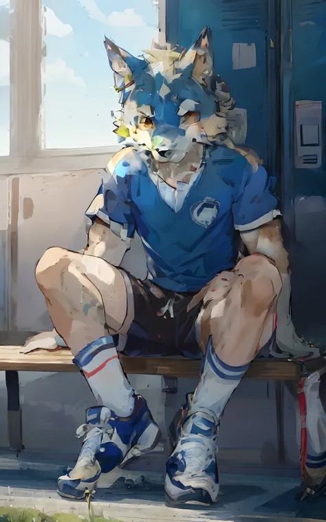 Anime boy sitting on bench,Wear a blue and white shirt and blue shoes, furry wolf, Furry anime, at pixiv, (sfv) safe to work, hairy chest, fursona art, furry fursona, relaxing after a hard day, POV furry art, an anthro wolf, Highest rated on Pisif, fursona...