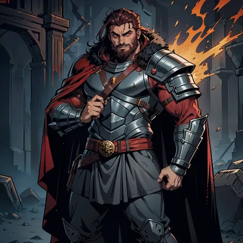 Darkest dungeon style, Sadurang from Marvel, hunk, wild mane hair, defined face, detailed eyes, short beard, glowing red eyes, dark hair, wearing heavy armor, cape of furs, scaled armguards, scaled sleeves, grey pants, heavy boots