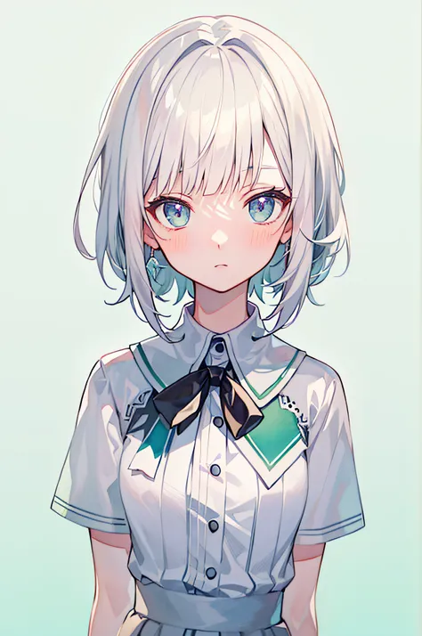 masterpiece, best quality, best illustration, ultra-detailed, upper body, solo, 1 girl, looking at viewer, upright, arms at sides, beautiful detailed eyes, concept art, blunt bangs, white background, simple background, white hair, green gradient hair, shor...