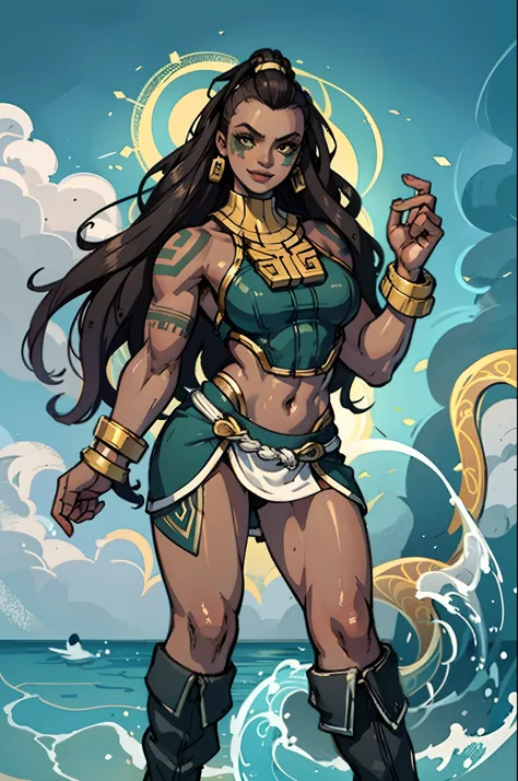 illaoi, 1girl, dark skin, long hair, muscular, solo, standing, detailed face, ultra detailed eyes, looking at viewer, cowboy sho...