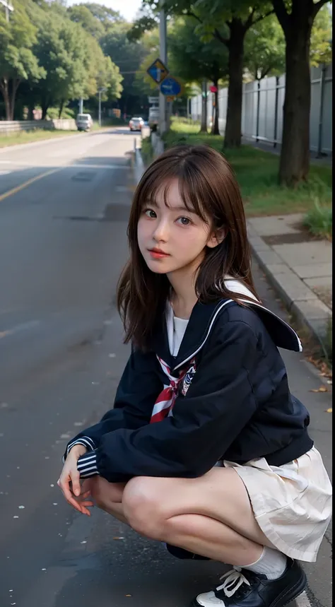 schoolgirl, Brown hair, Medium hair, Sailor suit, (Naked:1.1),  (Blushing:1.0), Detailed face, Roadside, POV crouching，Expose the inside of your legs，