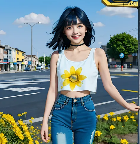 (high-quality, breathtaking),(expressive eyes, perfect face), short, young girl, long dark blue hair, blue eyes, smiling, white crop top, long black pants, choker, urban setting, blue sky, shine, glow, yellow flowers, blunt bangs, himawari uzumaki, long ha...