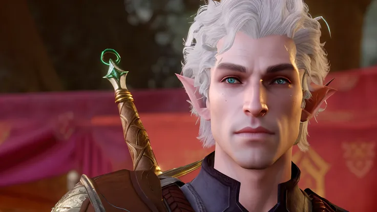 Astarion from "Baldurs Gate 3", There is a male character with a sword in his hand, V from Devil May Cry as an elf, The Mother of Witchers, elven character with smirk, Cinematic close-up shot of the bust, cinematic bust shot, Silver-skinned male elf, thank...