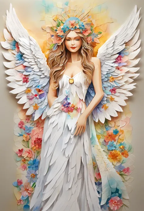 (FULL BODYSHOT:1.4),  White background, (1 Angel Girl,Glowing wings, Halo, Exquisite headdress, Smile), (paper art, Quilted Paper Art, Geometry), highly colorful