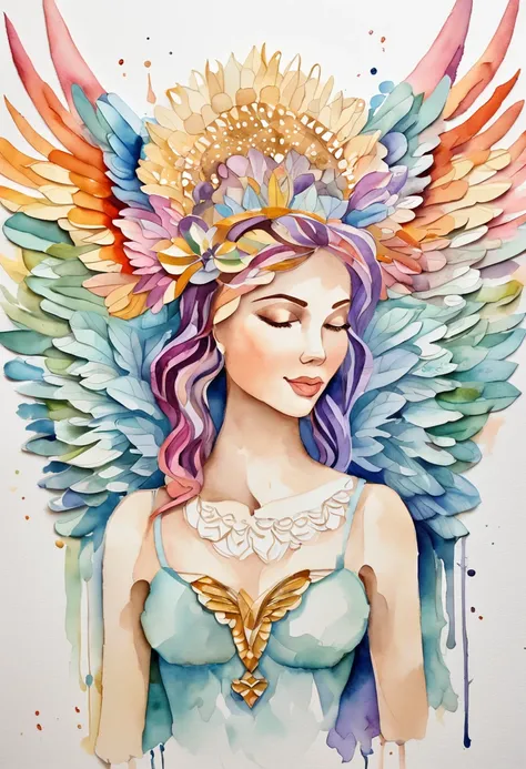 (FULL BODYSHOT:1.4),  White background, (1 Angel Girl,Glowing wings, Halo, Exquisite headdress, Smile), (paper art, Quilted Paper Art, Geometry), highly colorful