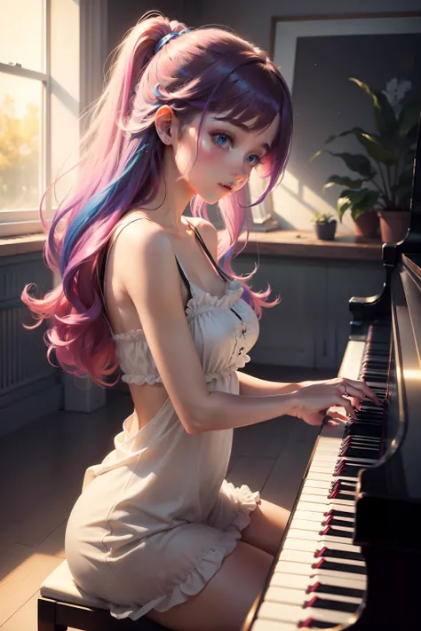 piano　Playing the piano keys　girl with　Hair colorful　Active　garl　with light glowing　pop music　Music　Artistically　art by　colourfull　natural soft light