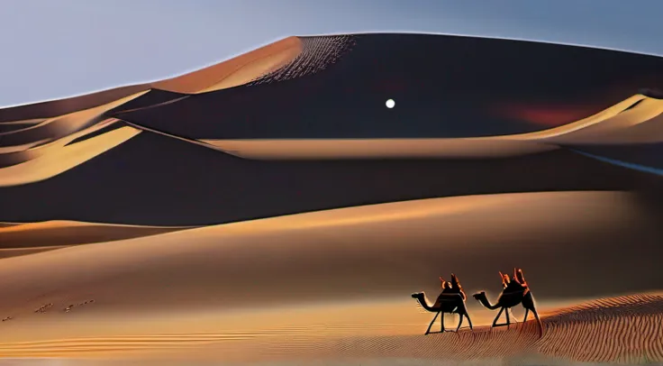 A sandy desert on a moonlit night. travelers riding on camels.