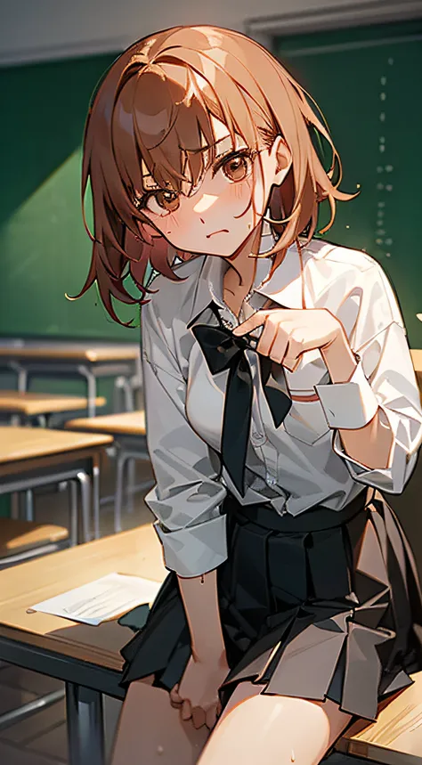 tmasterpiece, The highest quality, Misaka_mikoto, Brown eyes, watch audience, Solo、、, short_the hair、, Closed_bocchi, lapel_shirt、、, Behold the_Insert a into_peeping at the viewer, school_uniform, Camisa, blanche、_shirt、、, small_boobgasm、, Classrooms　Beaut...