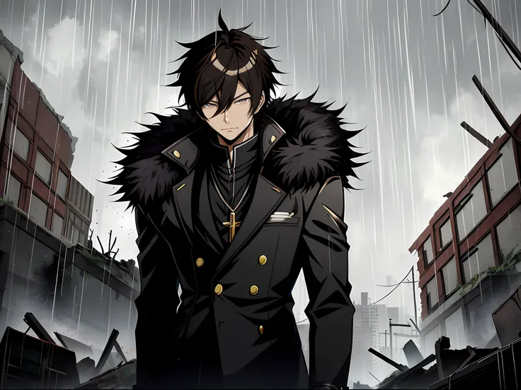 An anime man in a black fur coat stands among the ruins in the rain, brunette color hair，Black colored eyes，inspirado em Okumura Masanobu, nobutaka ike, Badass anime 8 K, Anime handsome man, Anime portrait of a handsome man, anime concept hdr anime macmanu...