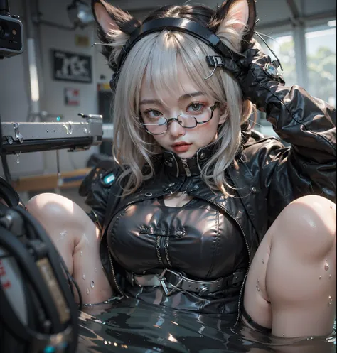 NSFW,full bodyesbian，Top-down angle shooting，1 girl in a straitjacket，Has cat ears，drenched all over the body，soaking in water，cyber punk perssonage，huge tit，(Protective goggles),Scottish suspender stockings 1.2，dreamy glow，，Anatomically correct2,（globalil...