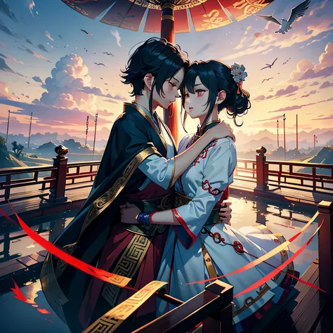 tmasterpiece，A high resolution，Complex scenes，detailed face with，CG animation，Chinese mythology and story Qixi Festival，in wonderland，bru，（Boys and girls hugging each other on the bridge），illustration，Crane，Clouds，