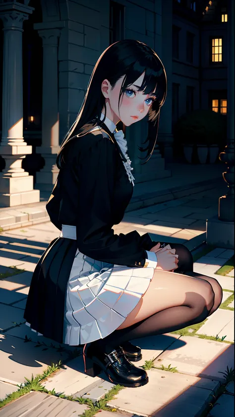 ​masterpiece, top-quality, Detailed details, Detailed landscapes, beatiful lights, Beautiful Shadows,girl with,Kneeling, Get down on one knee,18year old,Black eyes,Expression of shame,a miniskirt,Maid appearance, detailed skin textures, Tyndall effect,mans...