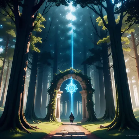 An enchanted forest with a smaller, more discreet magical portal