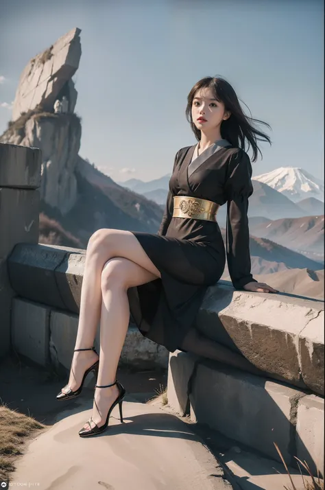 (full body:1.5)，(1girl:1.3),(view the viewer:1.4)，(anatomy correct:1.4),(Opaque pantyhose:1.3),(sitting on the top of mountain:1.2),(Wearing a Japanese style dress:1.2),,( girl pointed thick heels :1.1),(Accurate and perfect face:1.3),(Long legs:1.3),hyper...