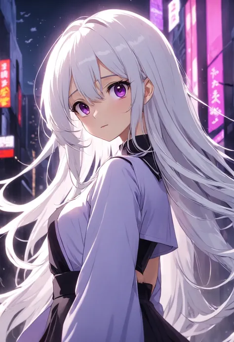 long  white hair，Purple eye，Black regular clothes，teens girl，quadratic element，cartoony，graceful and dignified，hair straight，The upper part of the body