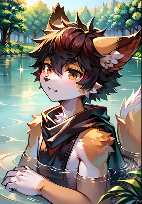 A human bathes his upper body boy by the lake，The second half of the life girls，Later he turned into a cool and handsome fox Fury