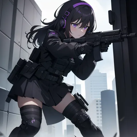 1girl, tactical black helmet, tactical black railed headset, purple eyes, focused, grunt, black long messy hair, black camo uniform, black shoulder pads, black tactical vest, black armor pads, black handgun holster, black tactical socks, holding a handgun,...