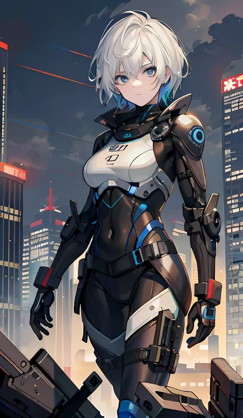 best qualityer，tmasterpiece，Ultimate resolution，downy，Extremely colorful，Colorful，Women combatants，a matural female，Short white hair，Dark blue eyes，Tight combat suit，tightsuit，With a belt，Steel City background，the night，Normal posture