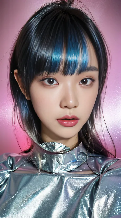 masterpiece, top quality, best quality,(close-up:1) (gradient Metallic tin foil background:1), ((1girl, gradient gradient hair)), ( gradient Metallic tin foil dress, pink eyeshadows)