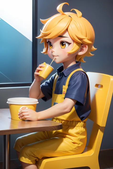 【Finger five-finger detailing】【Sit Pose】Little boy eating takeaway，Eating noodles，Anime art concept art, Meituan takeaway，Takeaway boy（3D stereoscopic）（The color scheme is dominated by the yellow color of Meituan clothing）（Cute style illustration）Cute comi...