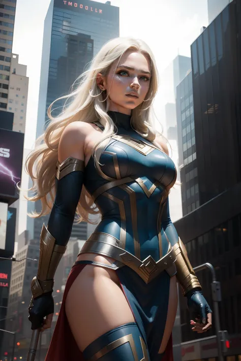 Wielding the iconic hammer Mjolnir, New York City, Time Square, Thor Girl, also known as Tarene, is a Marvel Comics character. She is an Asgardian goddess from Marvel mythology and possesses powers similar to Thors, wielding the hammer mjolnir, including t...