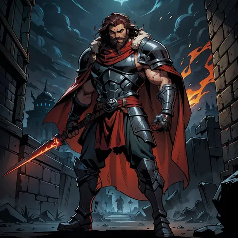 Darkest dungeon style, Sadurang from Marvel, hunk, wild mane, defined face, detailed eyes, short beard, glowing red eyes, dark hair, wearing heavy armor, cape of furs, scaled armguards, scaled sleeves, grey pants, heavy boots