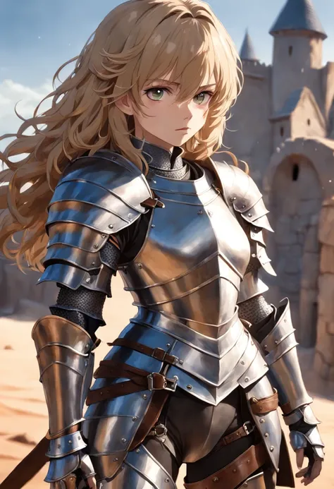 ((close-up)), woman (knight, wavy hair, on a desert place), looking at viewer, wearing (((a leather pants, cuirass, gorget, pauldron, couter, vambrace, gauntlets, cuisses, greaves, sabatons, poleyn, tasses, plackard, rerebrace, breastplace, faulds, scabbar...