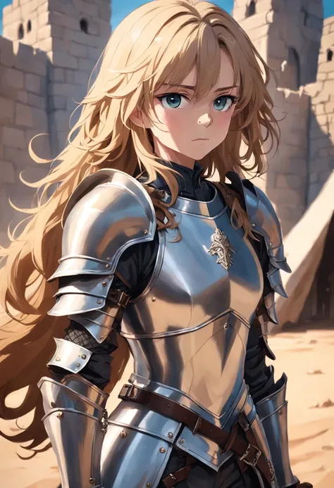 ((close-up)), woman (knight, wavy hair, on a desert place), looking at viewer, wearing (((a leather pants, cuirass, gorget, pauldron, couter, vambrace, gauntlets, cuisses, greaves, sabatons, poleyn, tasses, plackard, rerebrace, breastplace, faulds, scabbar...