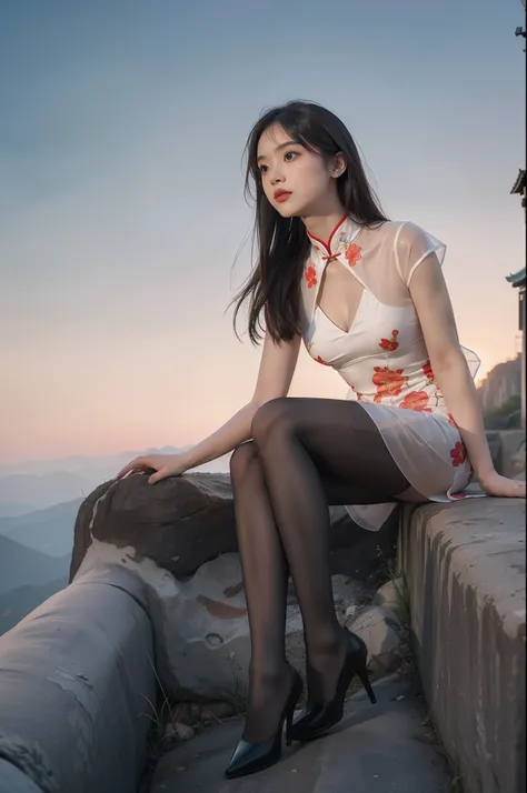 (full body:1.5)，(1girl:1.3),(view the viewer:1.4)，(anatomy correct:1.4),(Opaque pantyhose:1.3),(sitting on the top of mountain:1.2),(Wearing a Chinese style floral dress:1.2),,( girl pointed thick heels :1.1),(Accurate and perfect face:1.3),(Long legs:1.3)...