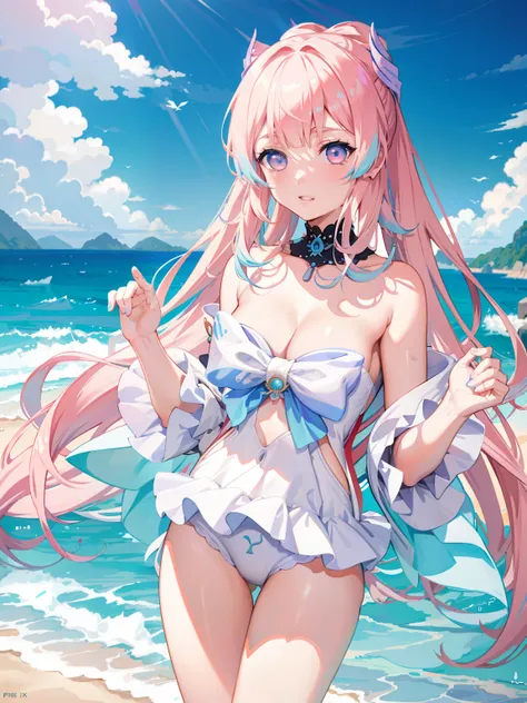 Anime girl in white swimsuit standing on beach, Official artwork, pink twintail hair and cyan eyes, Smooth anime CG art, lollipop, Guweiz in Pixiv ArtStation, Highest rated on Pisif, Pisif, clean and meticulous anime art, Guviz, style of anime4 K, Official...