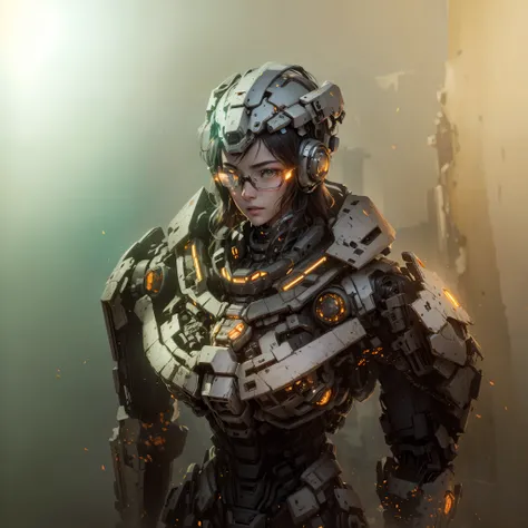 ((Best Quality)), ((Masterpiece)), (Very Detailed:1.3), 3D, Shitu-mecha, Beautiful cyberpunk woman with her pink mech in the ruins of a city in the forgotten war, Ancient technology, HDR (High Dynamic Range), ray tracing, NVIDIA RTX, super resolution, unre...