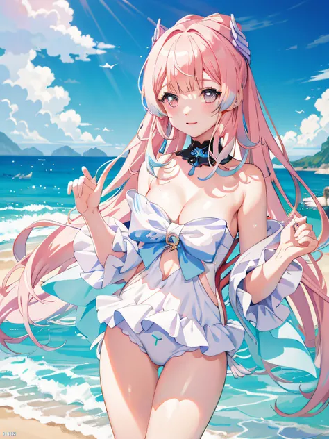 Anime girl in white swimsuit standing on beach, Official artwork, pink twintail hair and cyan eyes, Smooth anime CG art, lollipop, Guweiz in Pixiv ArtStation, Highest rated on Pisif, Pisif, clean and meticulous anime art, Guviz, style of anime4 K, Official...